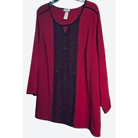 CATHERINES LONG SLV RND NECK BLOUSE, WOMENS, 2X(22/24), BURGUNDY & BLACK, DRESSY - Picture 4 of 8